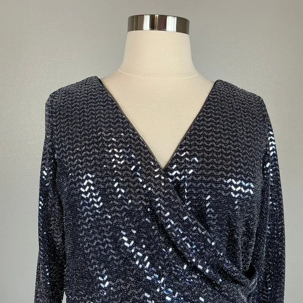 Betsy & Adam Sparkly Long Sleeve V-Neck Sheath Cocktail Dress Size 18W Navy Blue - Picture 8 of 13